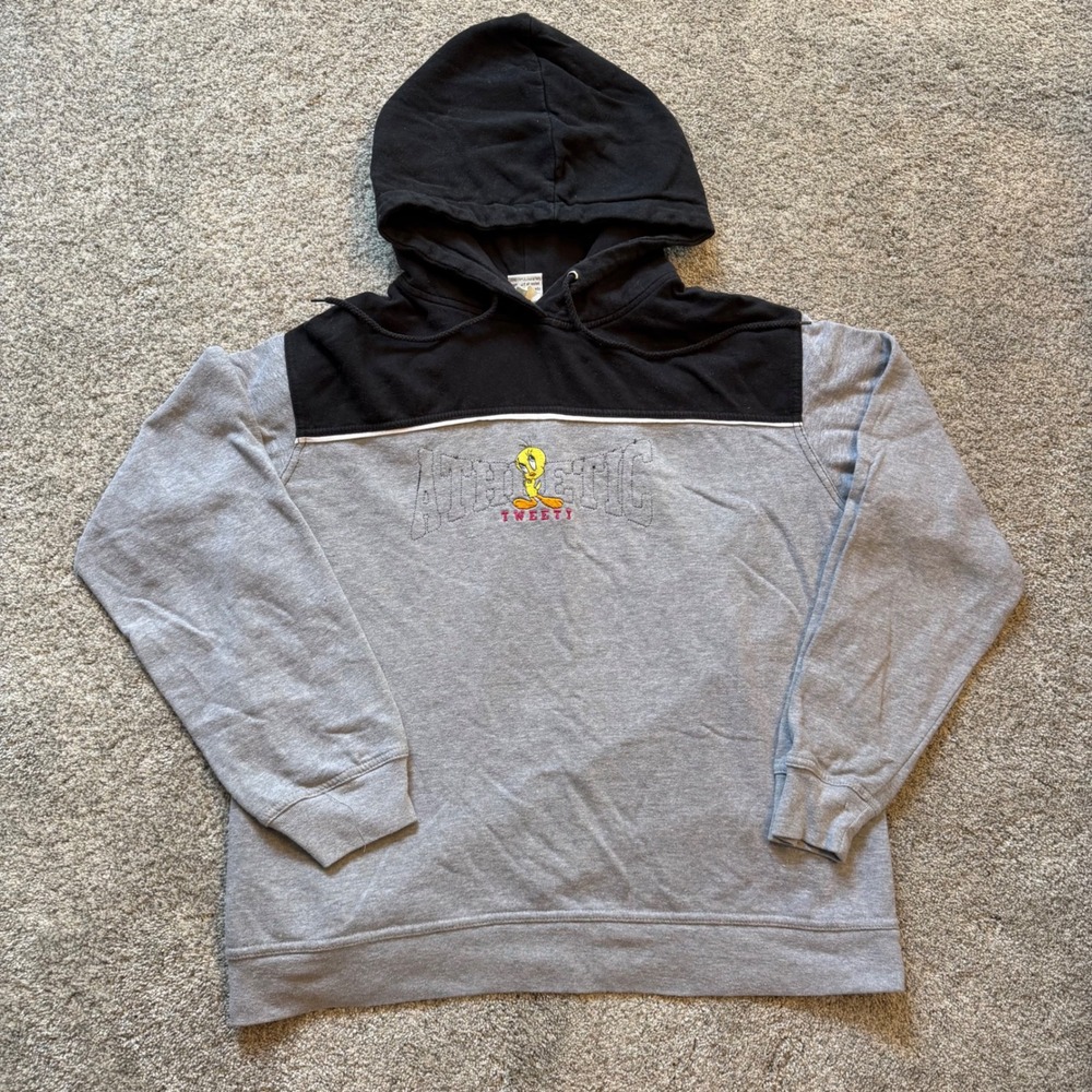 Vintage Looney Tunes Tweety Bird Colorblock Hoodie Gray Black Pullover Large